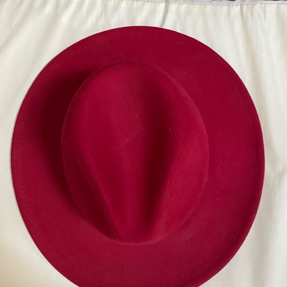 Selling red Fordora with red white and blue scarf